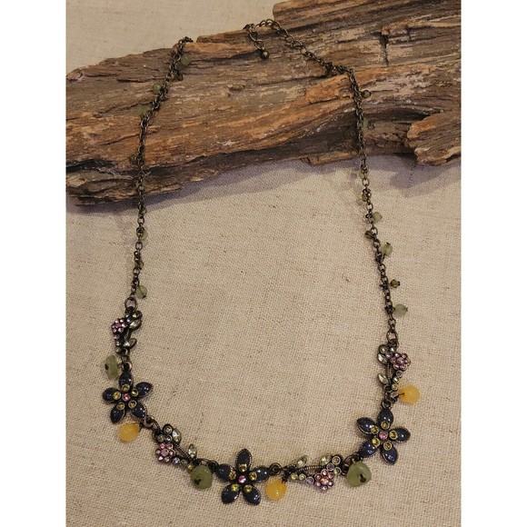 Premier Designs Enamel Flowers Rhinestone & Natural Stone 19" Petite Necklace - Picture 1 of 8